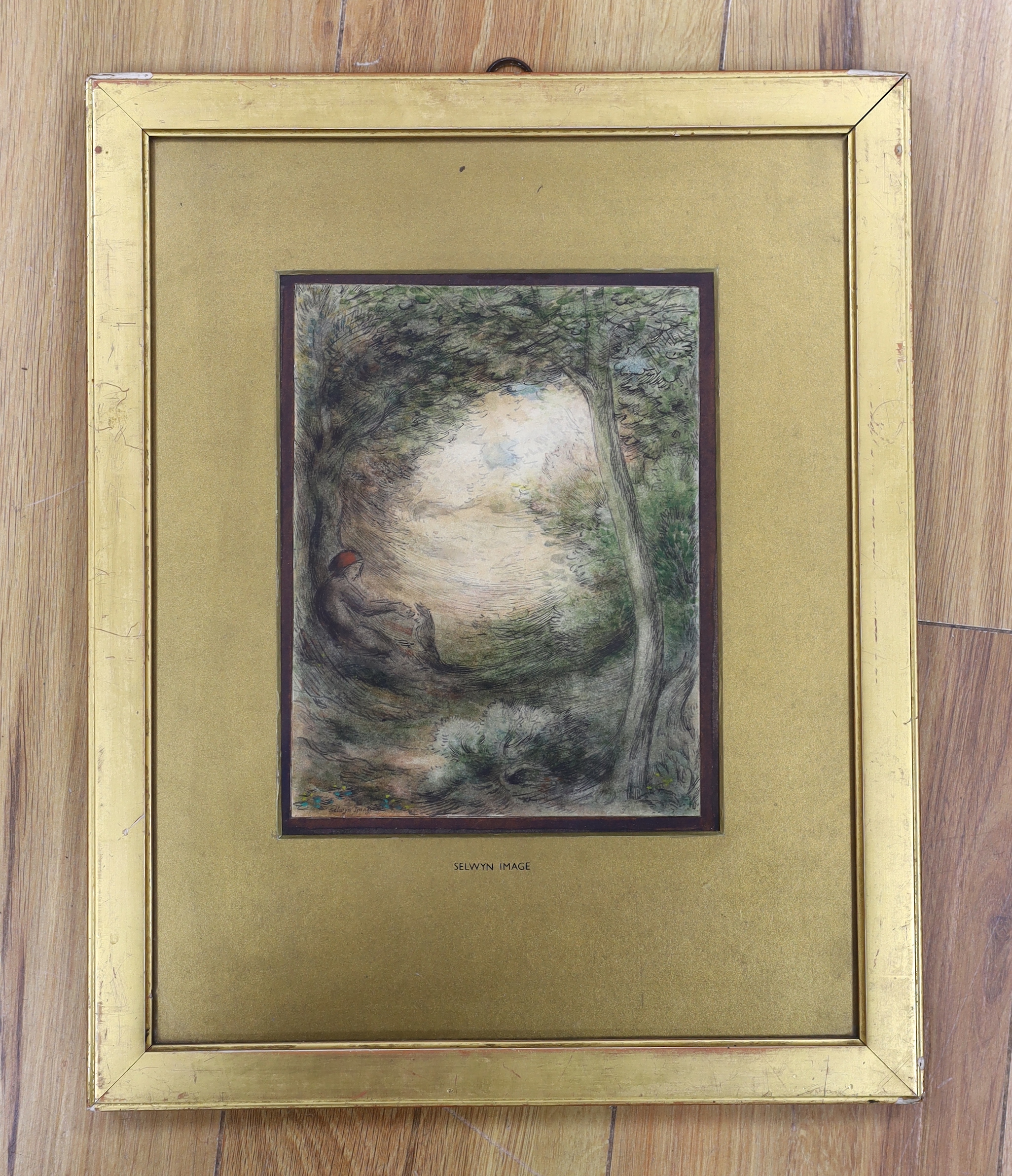 Selwyn Image (1849-1930), ink and watercolour, Woodland landscape with figure and dog, signed, 21 x 17cm